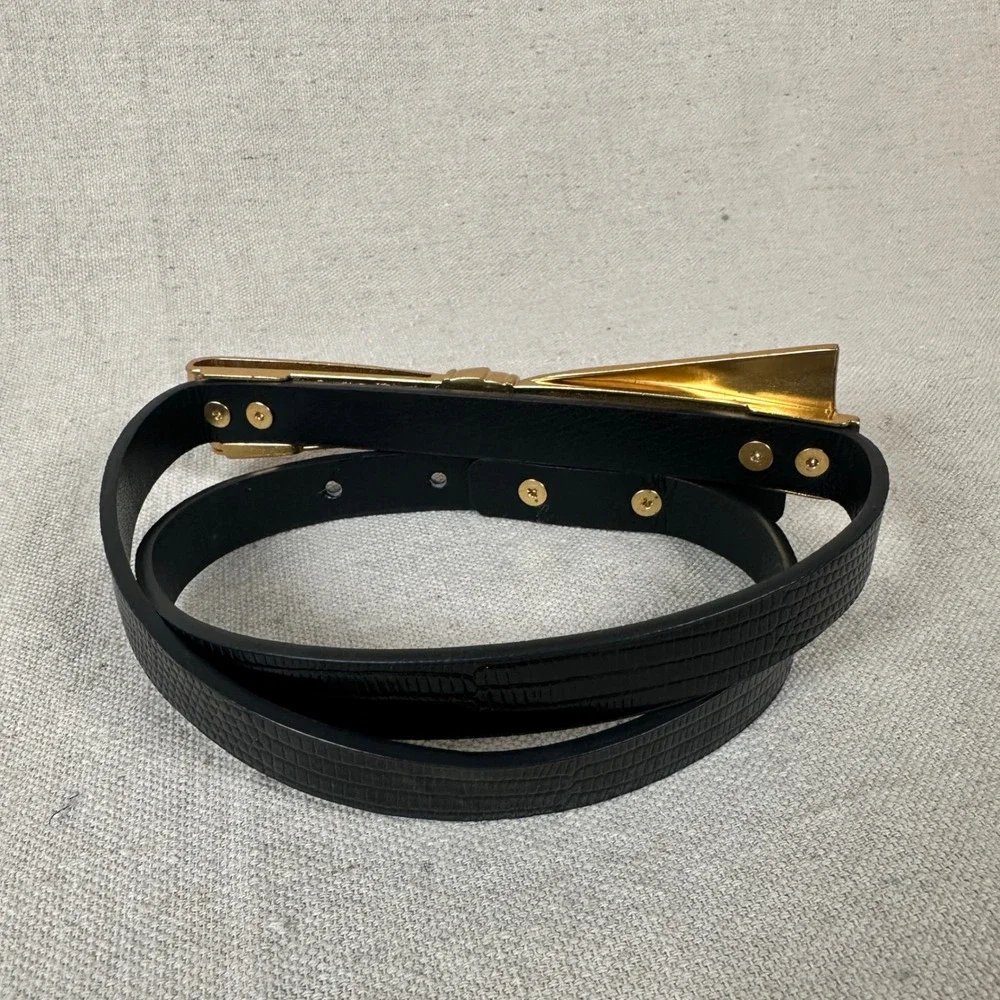 Bow statement belt thin skinny gold metal Black Lizard dark feminine‎ dress